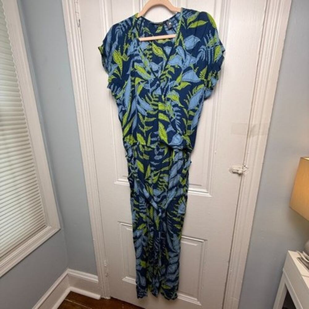 AnyBody Wide Leg Vacation Jumpsuit Womens 1X Blue Green Tropical Print NWOT